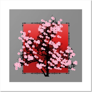 Cherry blossoms in red Posters and Art